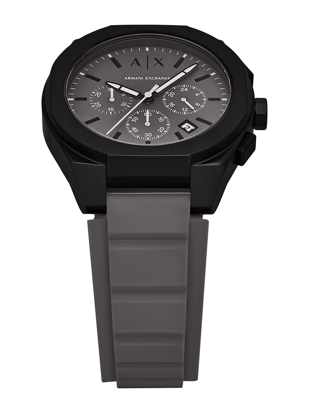 Side angle view of Armani Exchange Sync chronograph with grey rubber strap