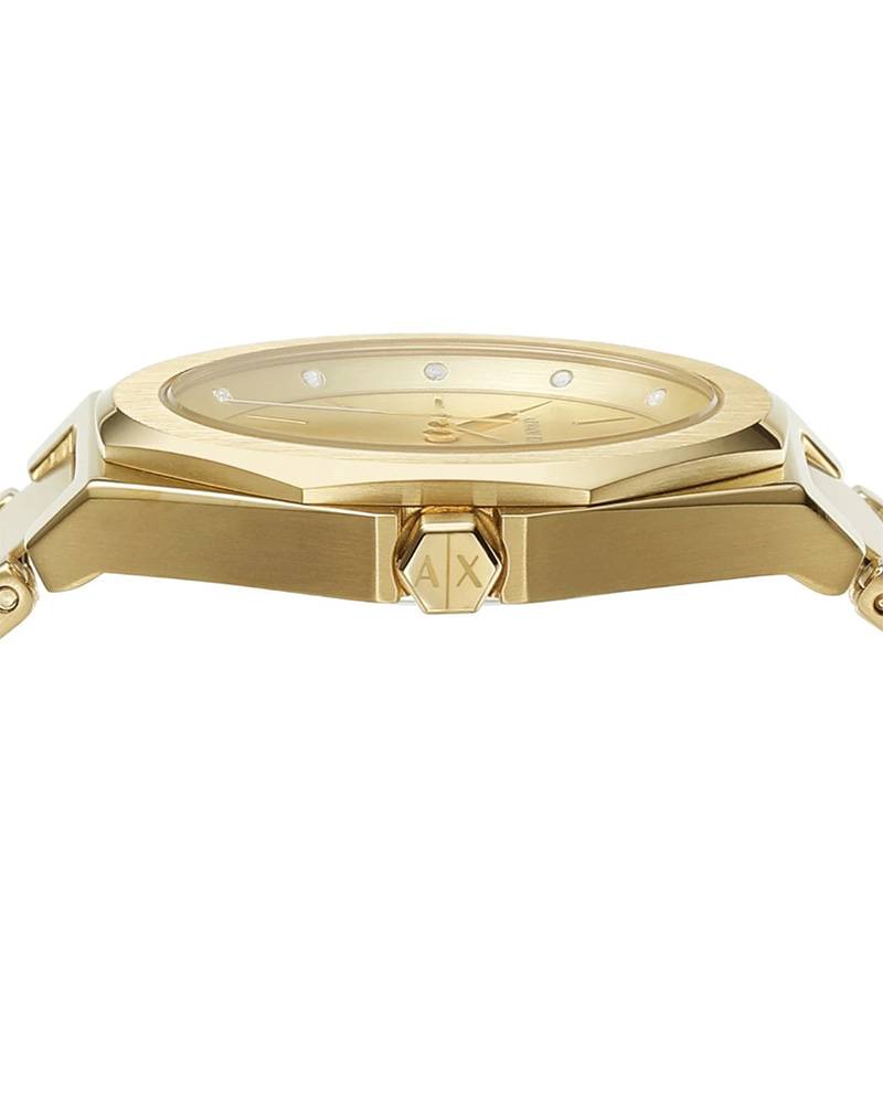 Close-up of AX4608 dial showing hour markers, three hands, and champagne face