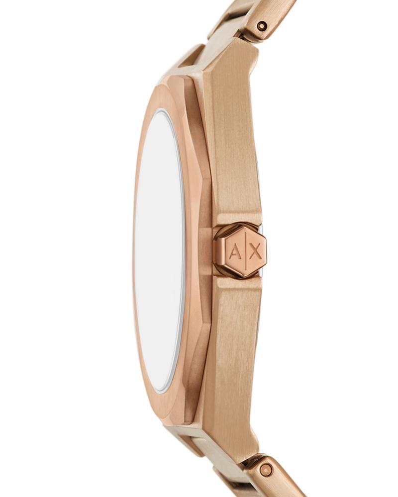 Side profile of Armani Exchange AX4616 rose gold watch showing case depth and bracelet