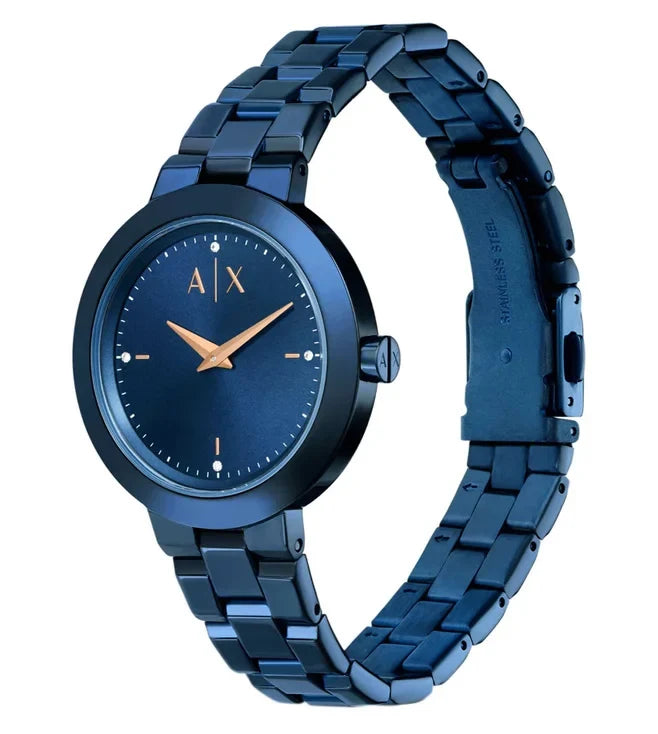 Armani Exchange AX5175 women's watch displayed on wrist with blue steel bracelet