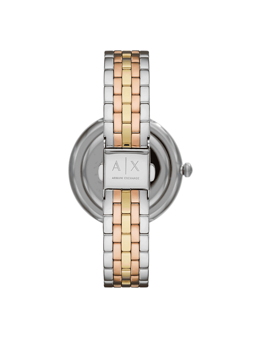 Armani Exchange AX5383 two-tone silver and rose gold bracelet shown from above