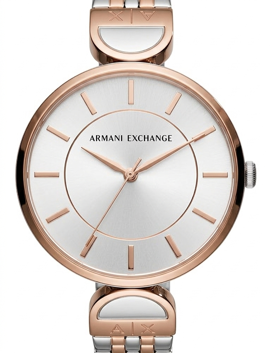 Armani Exchange AX5383 women's watch with rose gold case, white dial, and rose gold indices