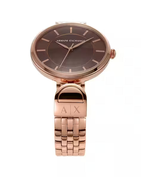 Angled view of Armani Exchange AX5384 watch showing brown dial and rose gold case