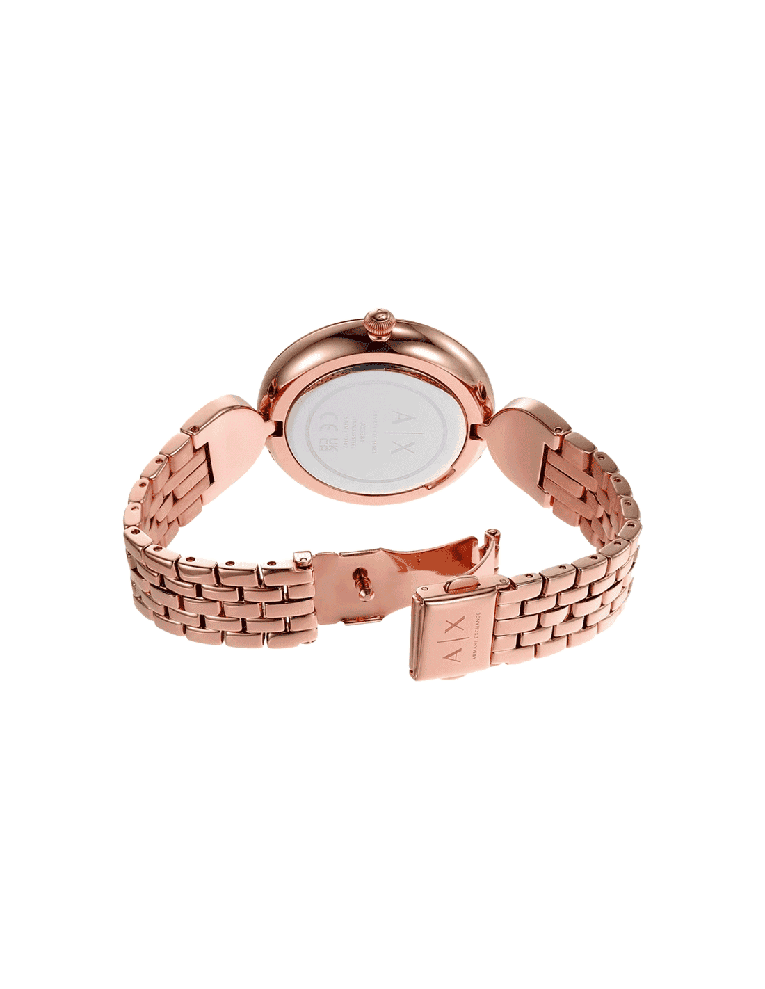 Caseback view of Armani Exchange AX5384 watch showing rose gold case back