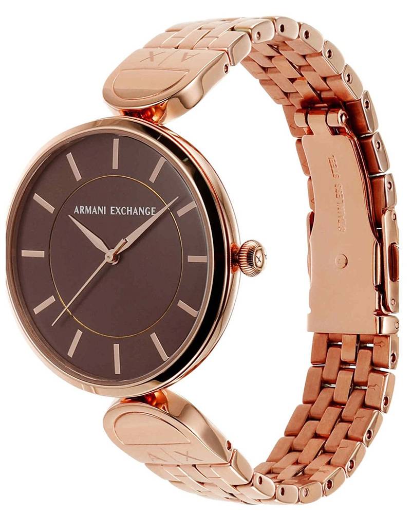 Side profile of Armani Exchange AX5384 watch with rose gold bracelet and brown dial