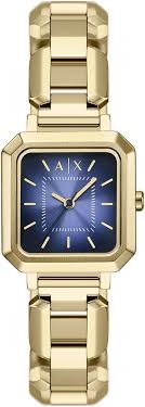 Armani Exchange AX5735 gold rectangular watch with blue dial and gold bracelet