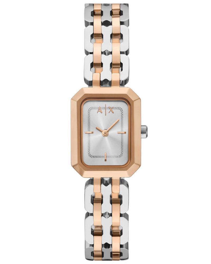 Armani Exchange AX5810 women's watch with two-tone rose gold and silver bracelet and ivory rectangular dial