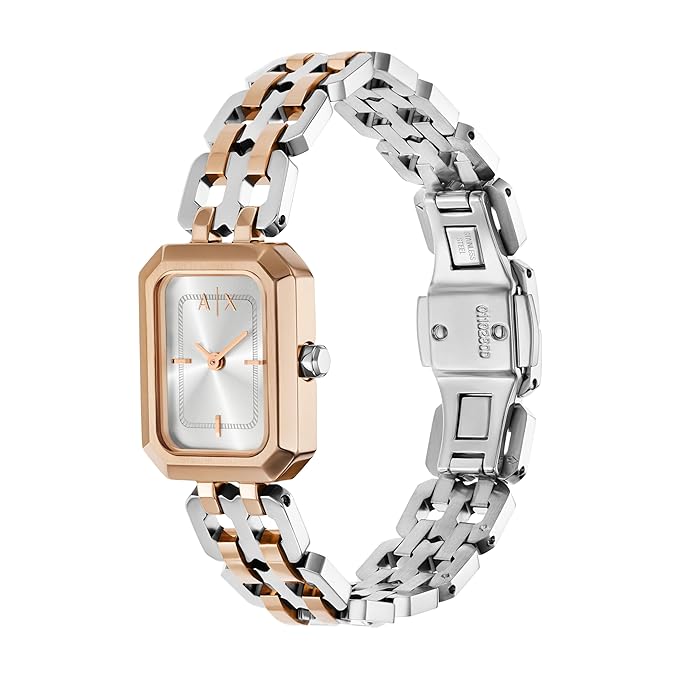 Armani Exchange AX5810 watch on wrist showing two-tone rose gold and silver bracelet