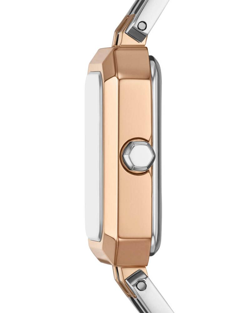 Side view of Armani Exchange AX5810 watch case showing rose gold and silver two-tone design