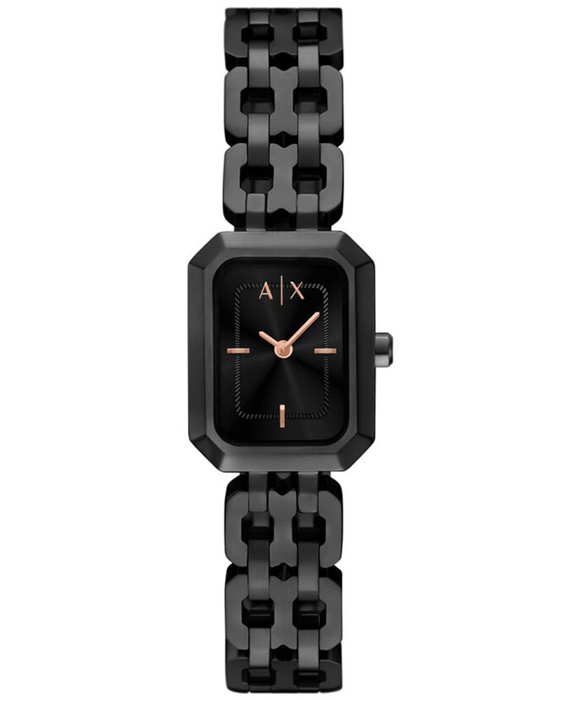 Armani Exchange AX5813 all-black women's watch with rectangular case and geometric link bracelet
