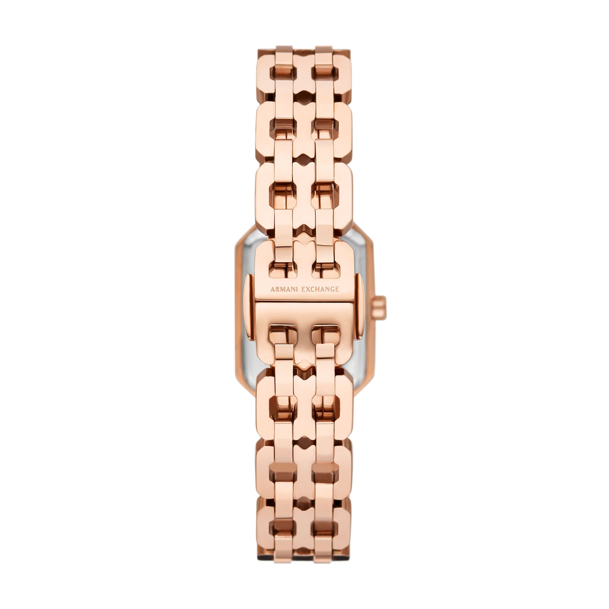 Armani Exchange Faye AX5814 rose gold bracelet strap with geometric link pattern and watch case