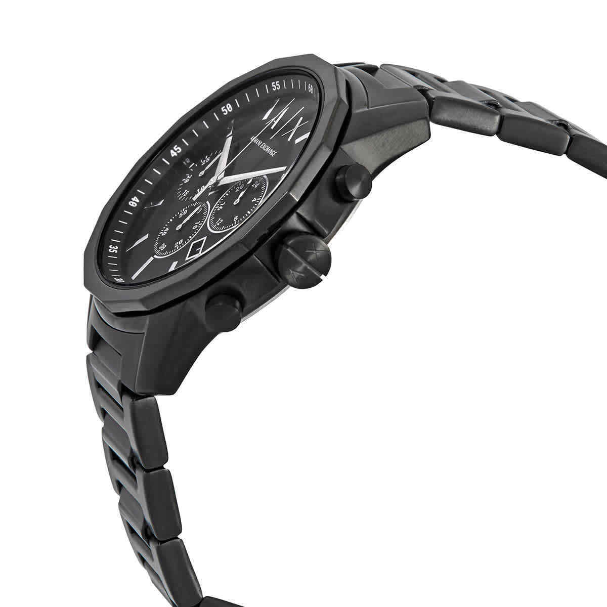Armani Exchange Banks chronograph watch at an angle, showing black case, dial and bracelet