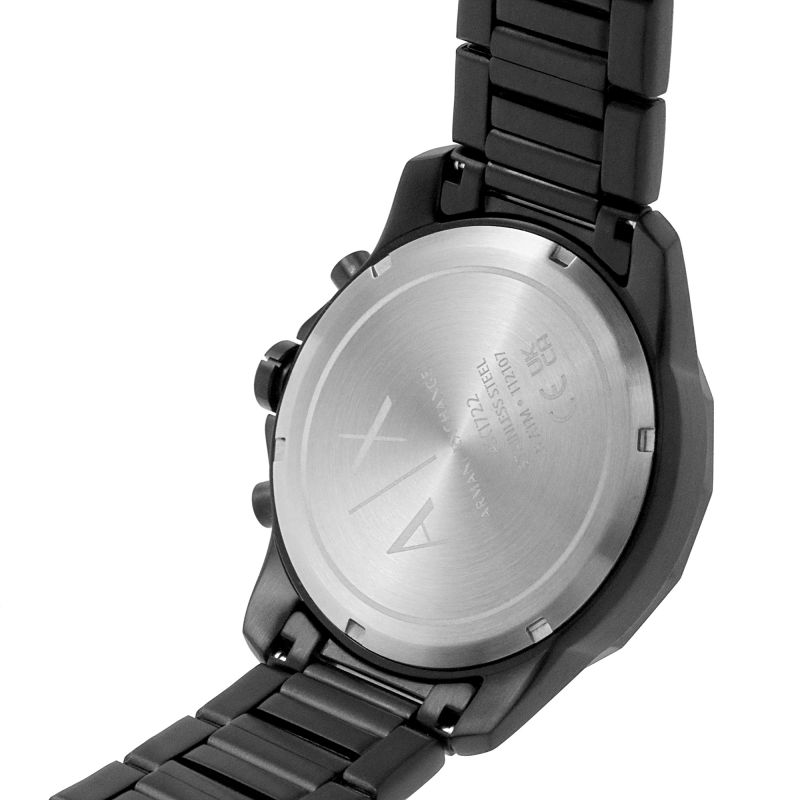 Armani Exchange Banks watch caseback showing brushed stainless steel with engraved AX logo