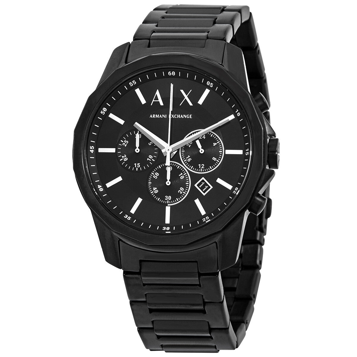 Armani Exchange Banks black chronograph men's watch with dial showing three subdials and AX logo