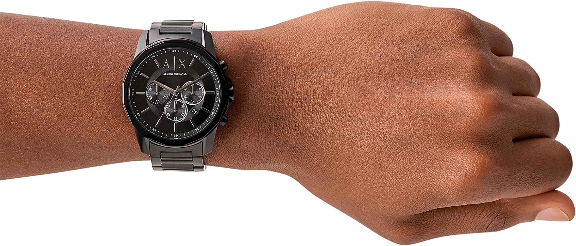Armani Exchange Banks chronograph watch worn on wrist, displaying black dial and steel bracelet