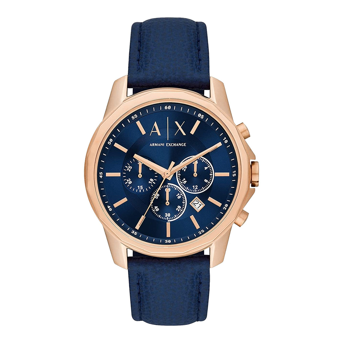 Armani Exchange Banks chronograph watch with blue dial and rose gold case