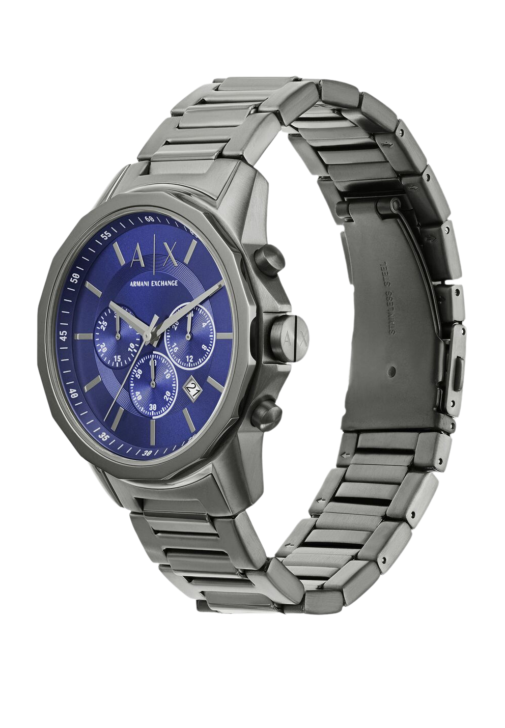 Armani Exchange Banks AX1731 side angle view showing gunmetal stainless steel bracelet and case profile