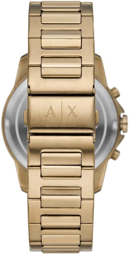 Back view of Armani Exchange Banks watch showing bronze bracelet and caseback with AX branding