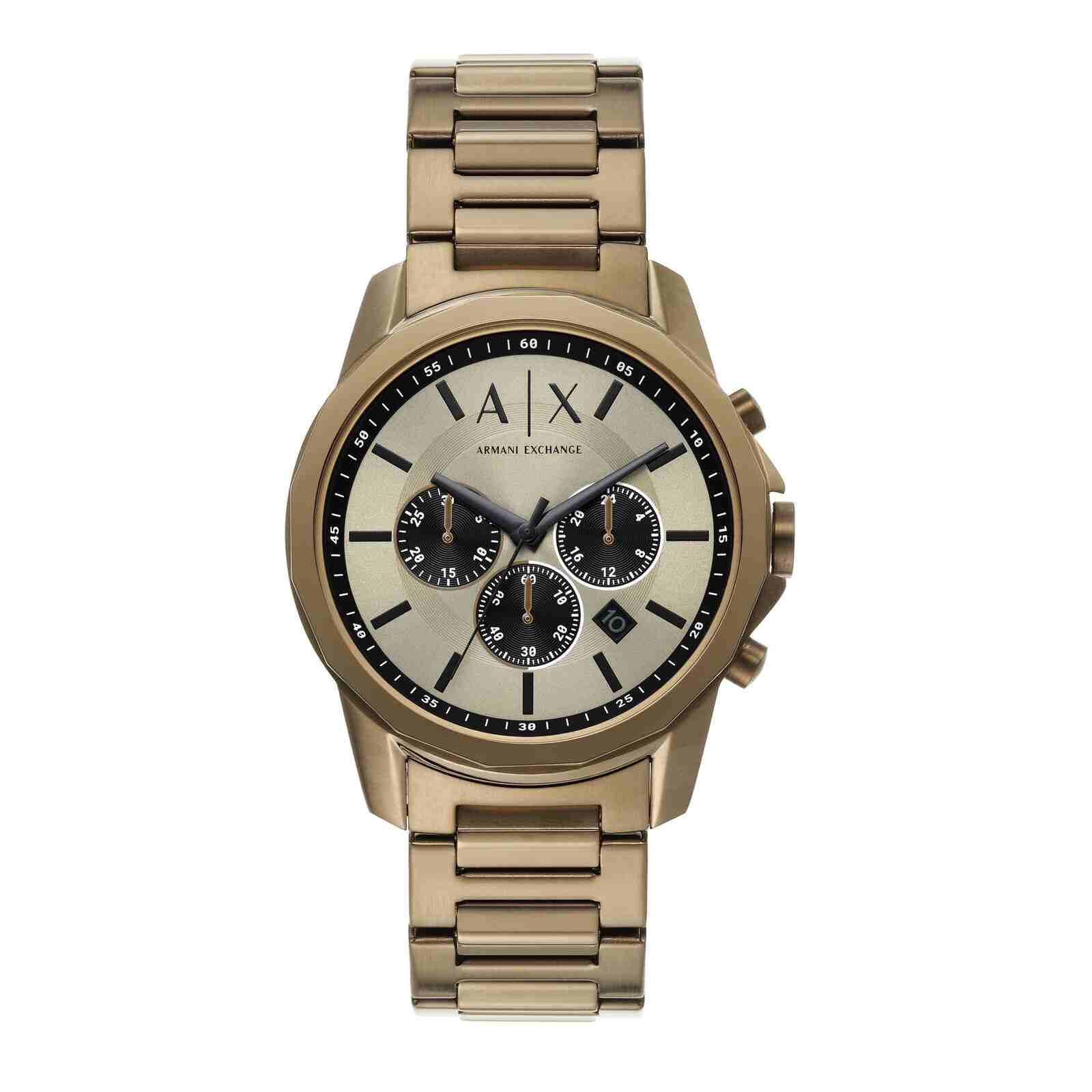 Armani Exchange Banks bronze chronograph watch with cream dial and black subdials on matching bracelet