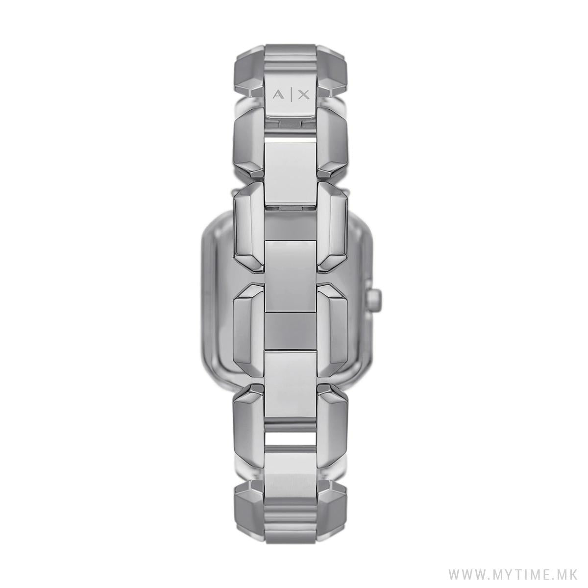 Armani Exchange Brooke silver watch showing top-down angle view of case and bracelet