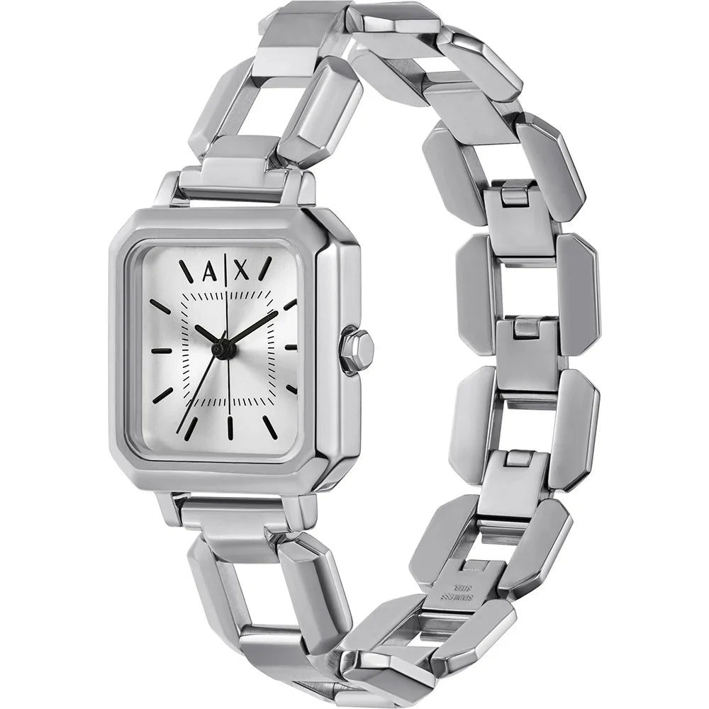 Armani Exchange Brooke silver watch displayed on wrist with full bracelet visible