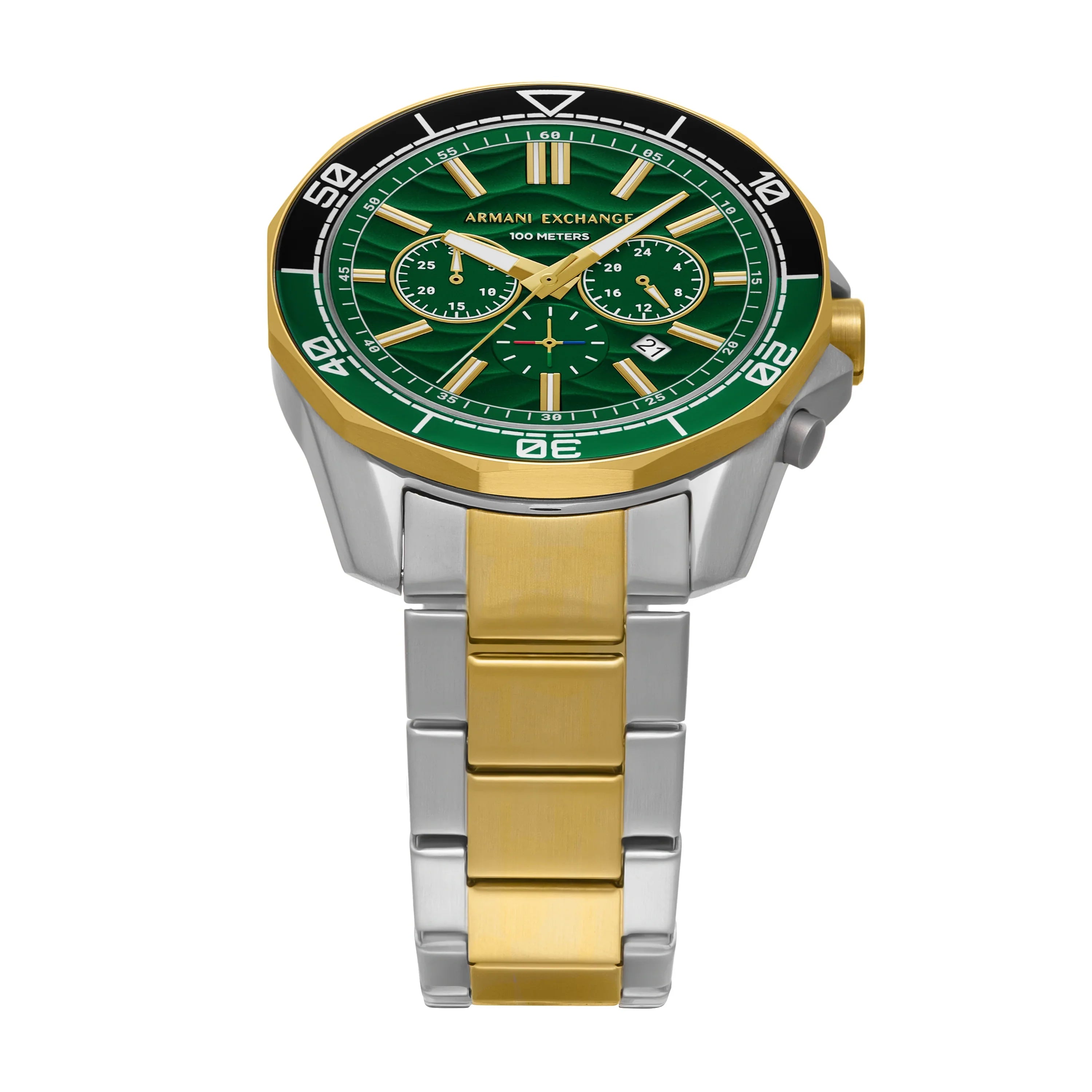 Armani Exchange Caden AX1966 watch angled view showing chronograph dial and bracelet