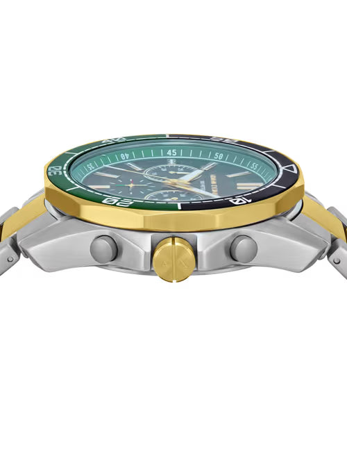 Close-up detail of Armani Exchange Caden green chronograph dial and bezel