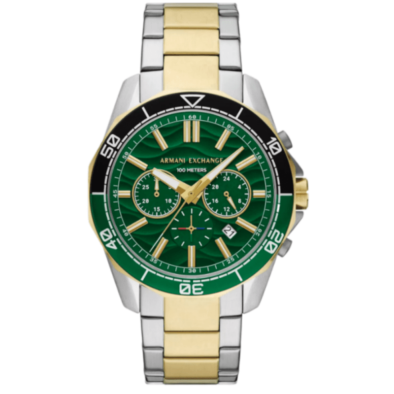 Armani Exchange Caden men's watch with green dial, two-tone gold and silver bracelet