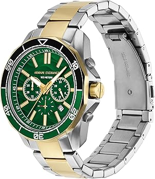 Side view of Armani Exchange Caden chronograph with two-tone bracelet