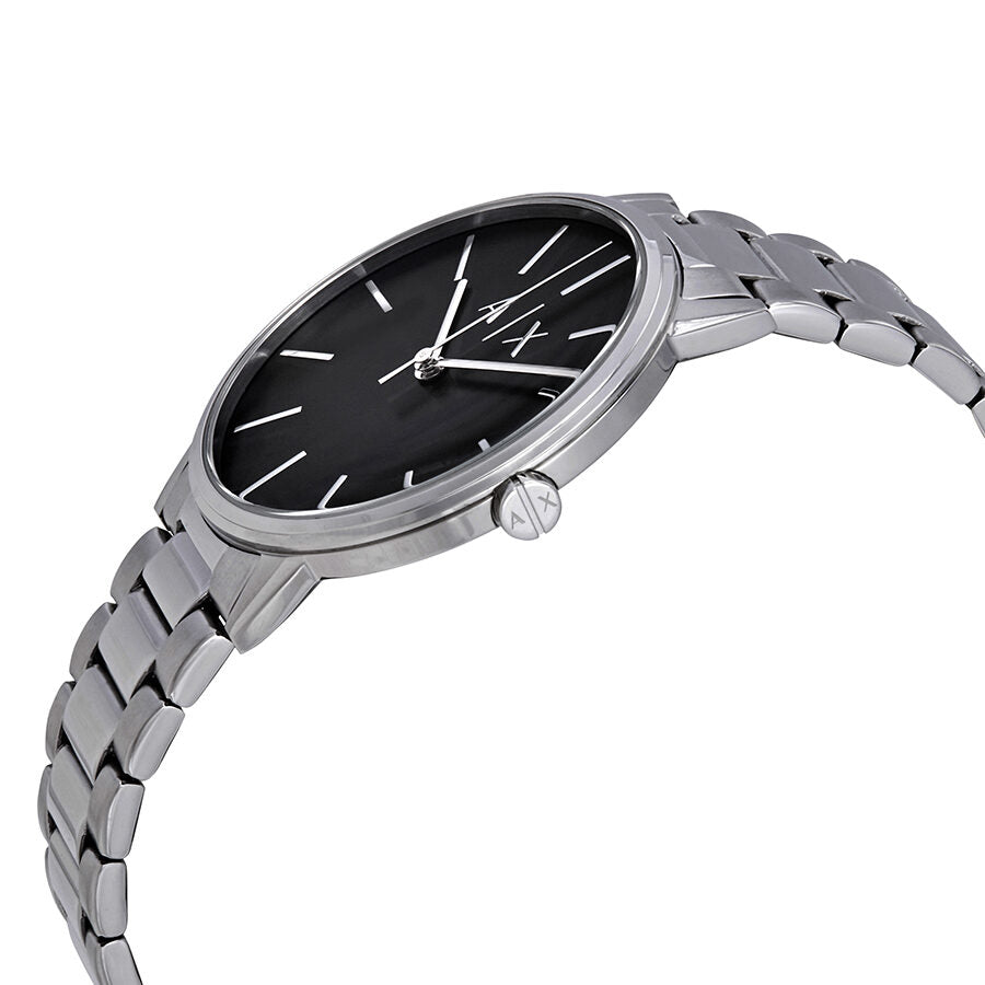 Armani Exchange Cayde watch angled view showing black dial and silver bracelet