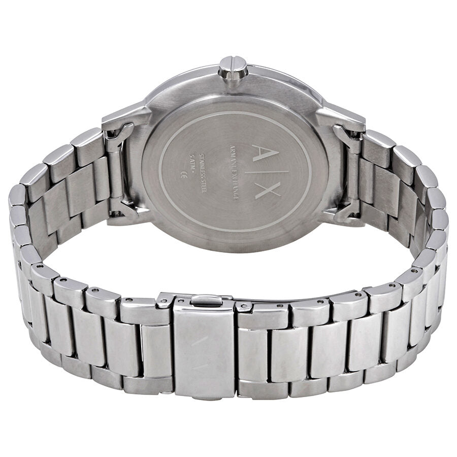 Armani Exchange Cayde watch caseback with AX branding and stainless steel strap