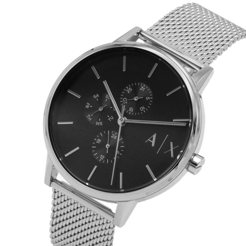 Angled view of Armani Exchange Cayde watch displaying black dial with three sub-dials