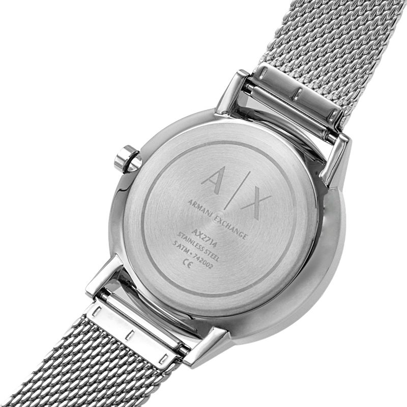Case back of Armani Exchange Cayde watch with A/X branding and specifications