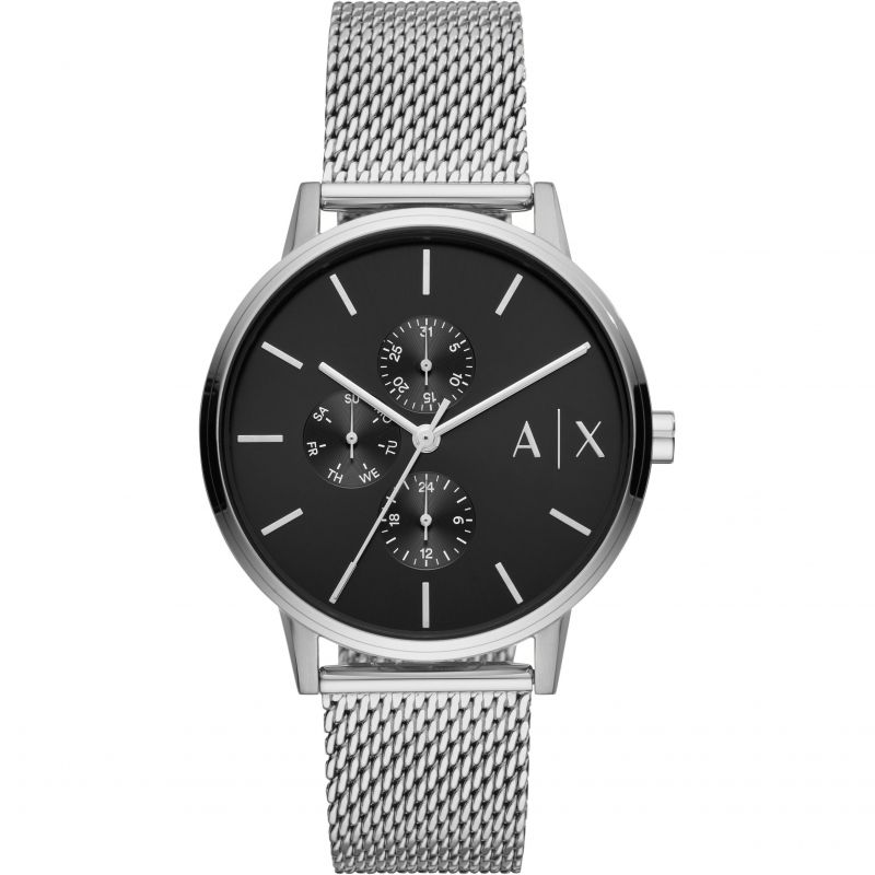 Armani Exchange Cayde men's watch with black chronograph dial and silver mesh strap