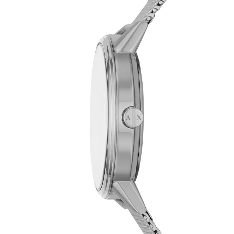 Side profile of Armani Exchange Cayde watch showing silver mesh strap
