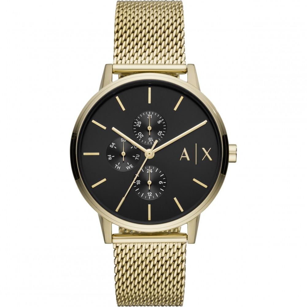 Armani Exchange Cayde gold mesh watch with black dial and dual subdials