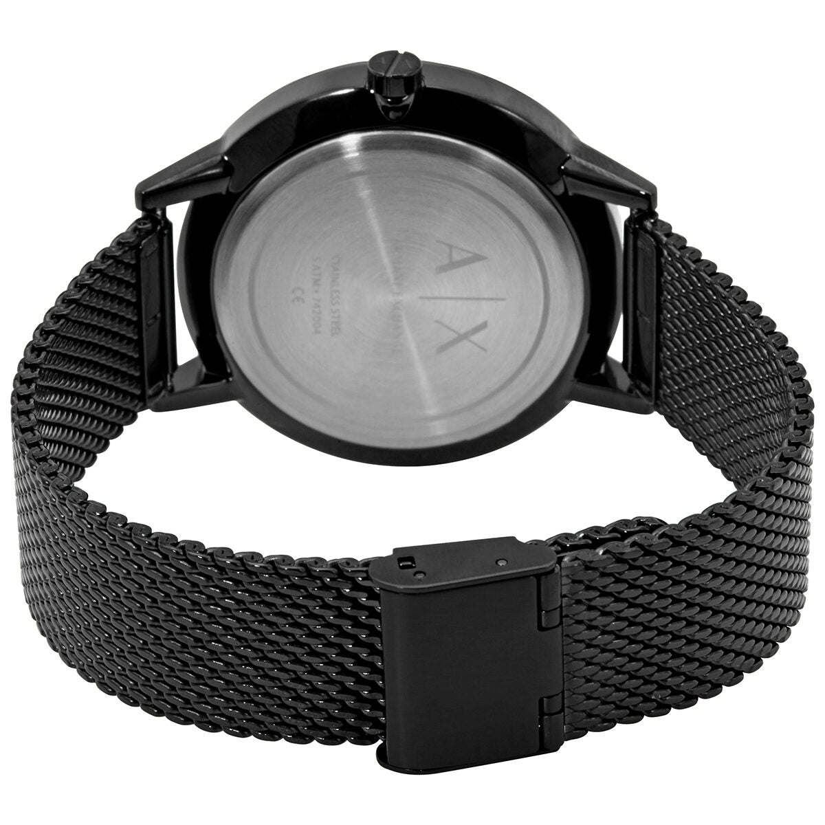 Armani Exchange Cayde caseback showing AX logo and brushed finish