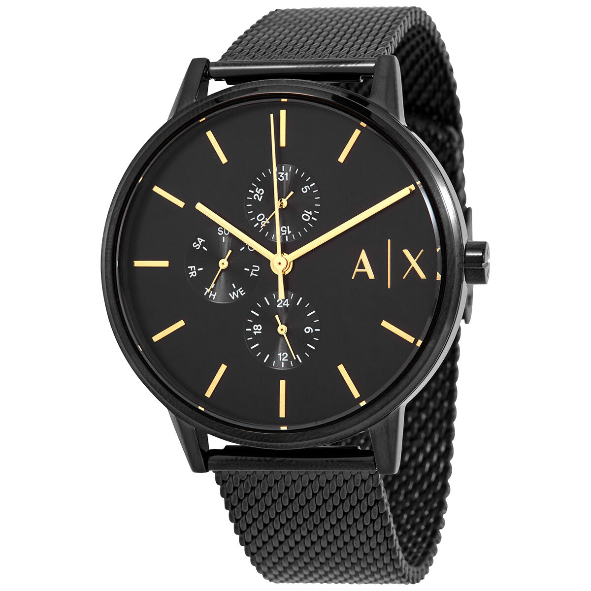 Armani Exchange Cayde black chronograph dial with gold indices and mesh strap