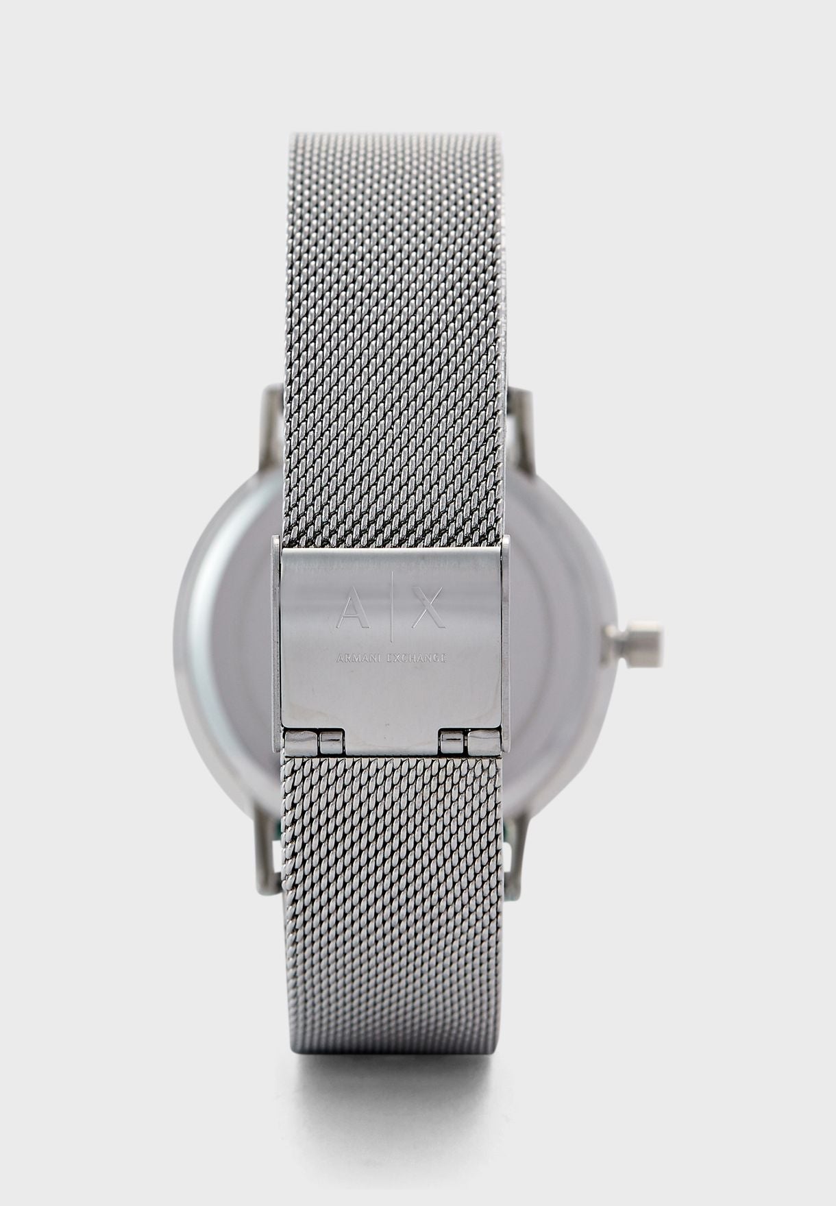 Armani Exchange Cayde watch caseback showing AX logo and silver stainless steel