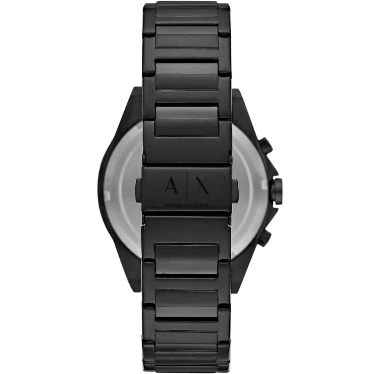 Armani Exchange Drexler AX2639 watch caseback with black stainless steel bracelet visible