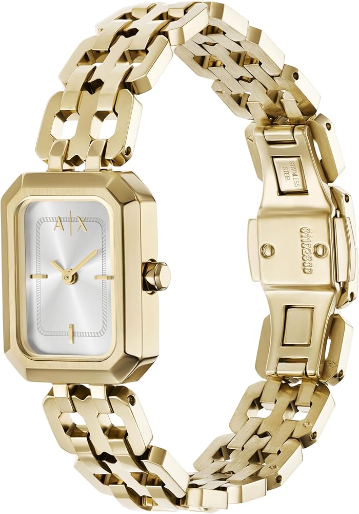 Armani Exchange Faye gold watch displayed on wrist with articulated bracelet
