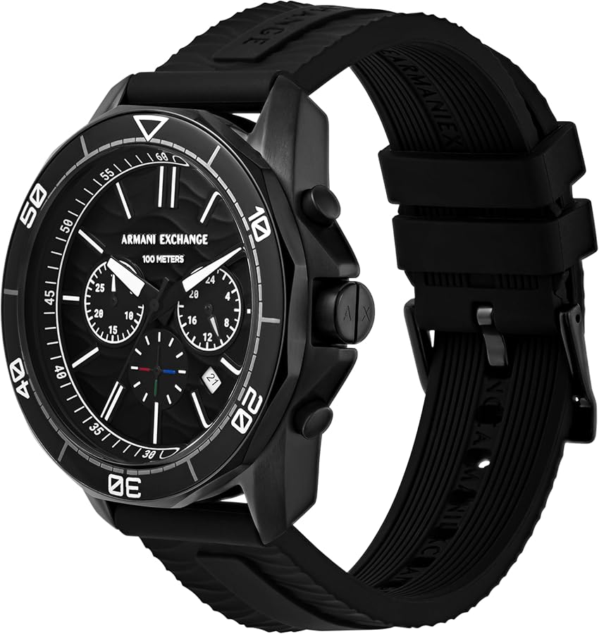 Armani Exchange Hampton watch displayed at angle showing black rubber strap details
