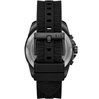 Armani Exchange Hampton watch caseback with AX branding and black rubber strap
