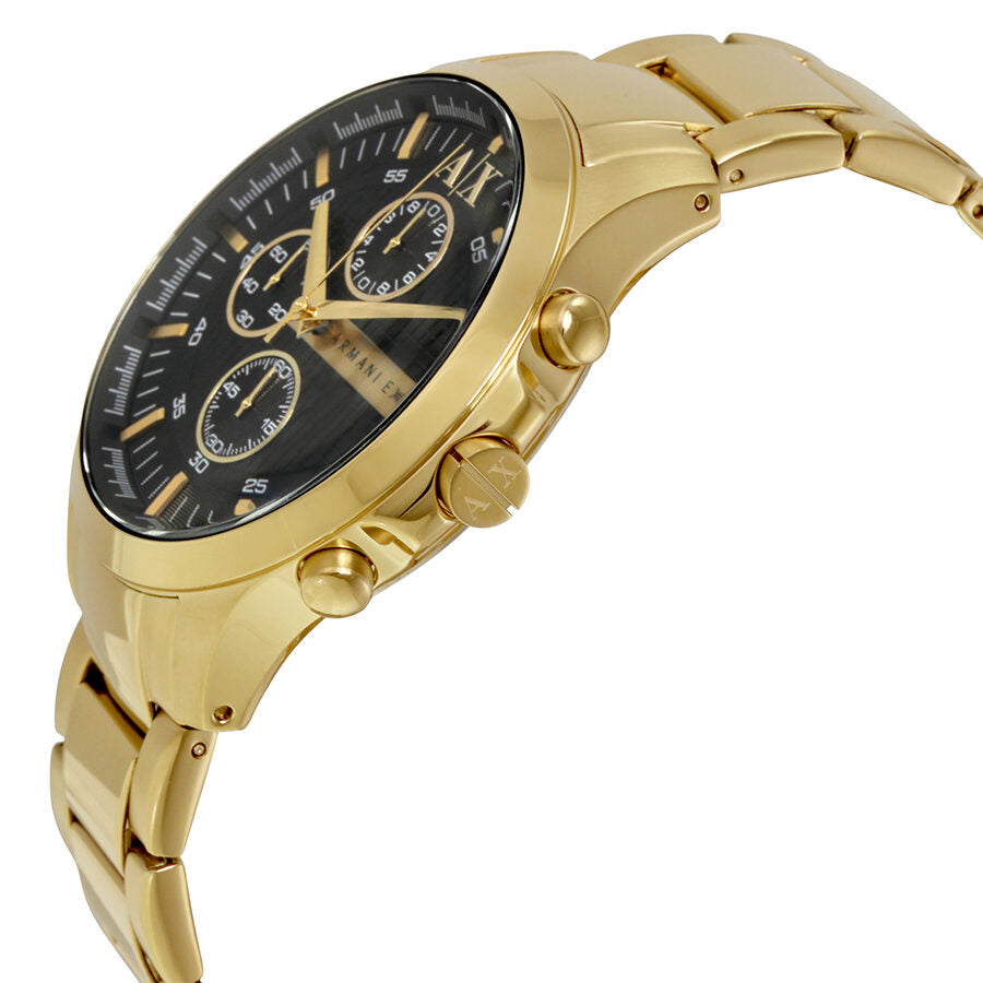 Armani Exchange Hampton AX2137 chronograph with gold case and black dial, side angle view