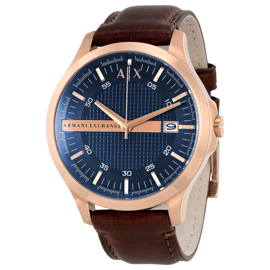 Armani Exchange Hampton men's watch with blue dial, rose gold case, and brown leather strap