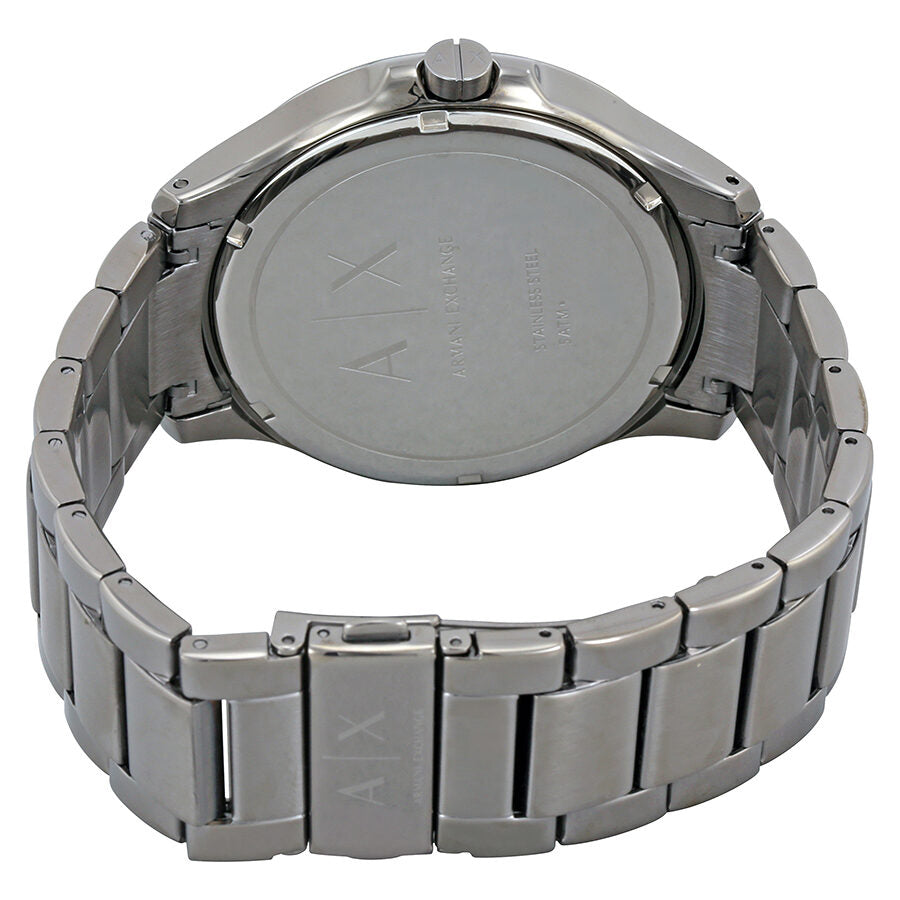 Armani Exchange Hampton watch caseback showing steel case and engraved branding