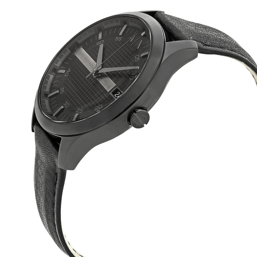 Side angle view of Armani Exchange Hampton all-black watch with leather strap