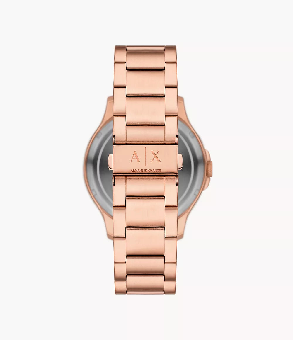 Armani Exchange Hampton caseback showing AX logo on rose gold stainless steel