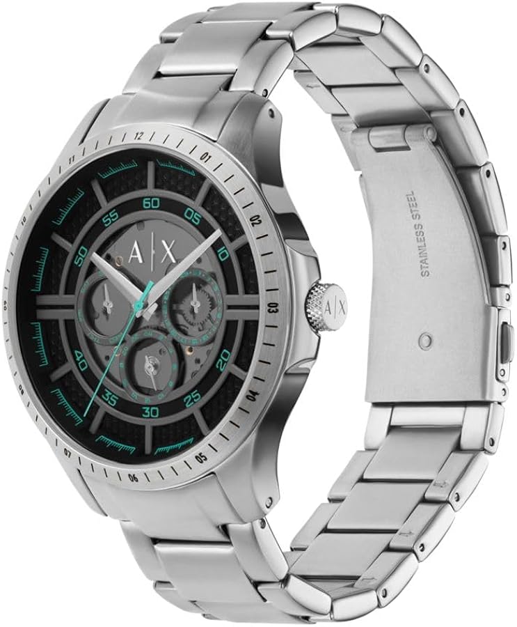 Armani Exchange AX2459 Hampton watch angle view showing stainless steel bracelet and chronograph dial