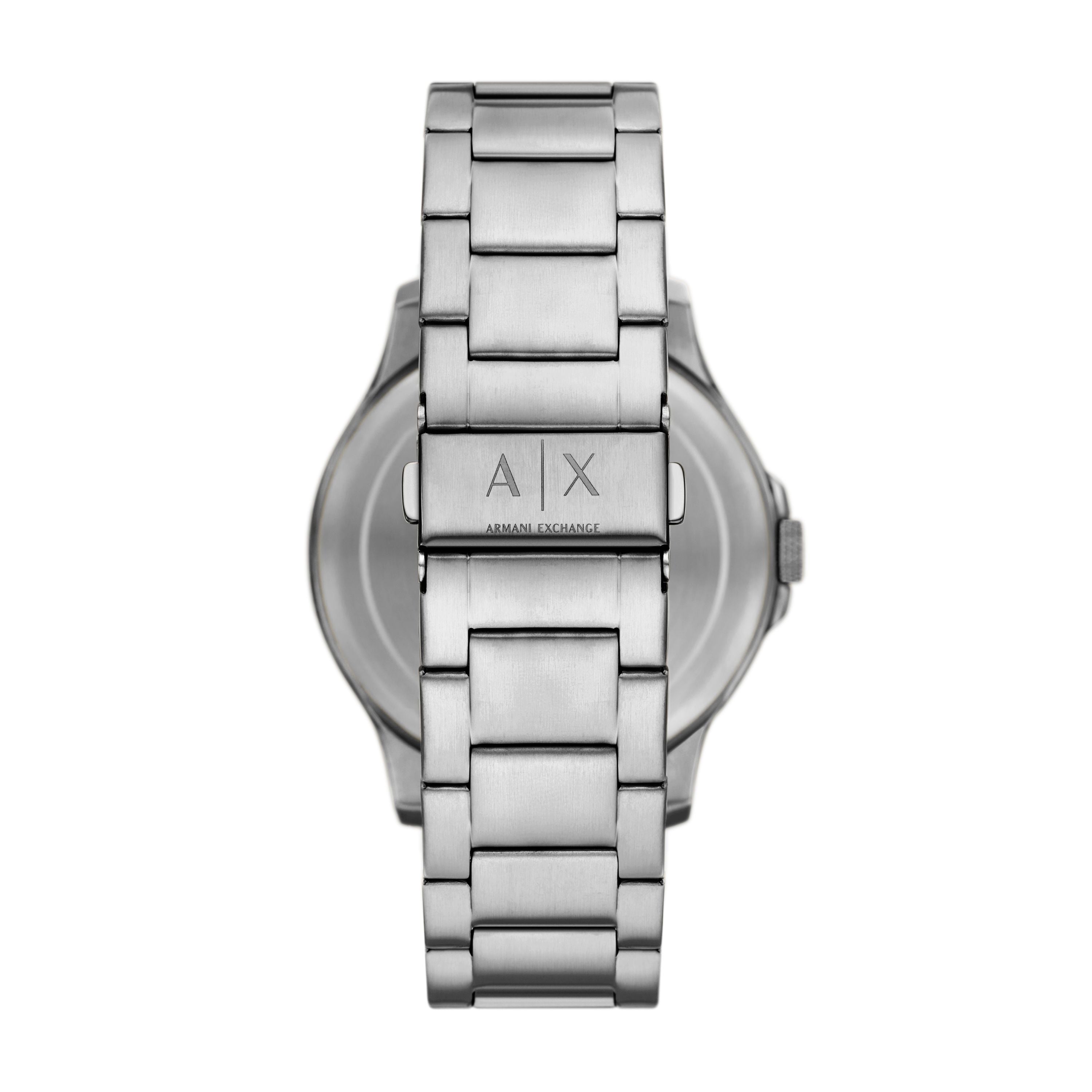 Back view of Armani Exchange AX2459 Hampton watch showing stainless steel caseback and bracelet